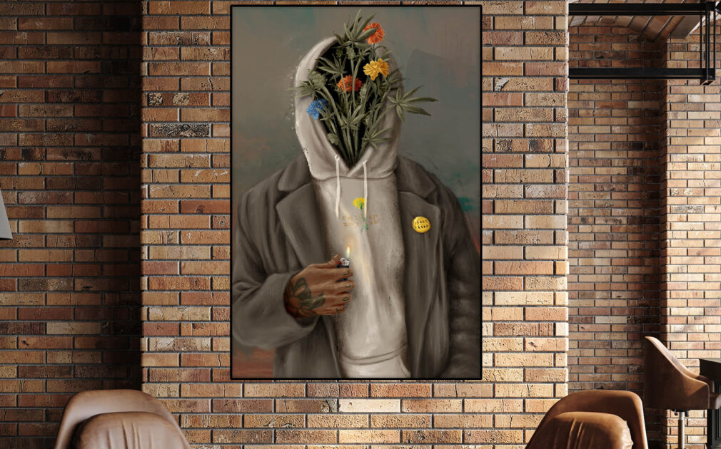 Oversized painting of Black man in gray hoodie and green blazer with wildflowers instead of a face hangs on brick wall in modern apartment living room