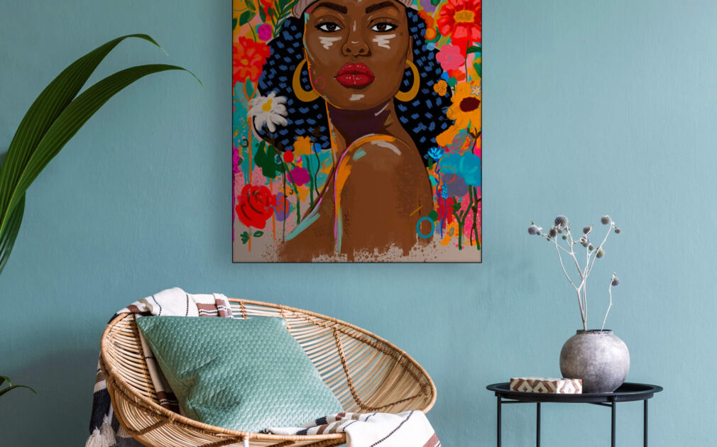 a blue wall featuring a pop art piece of a black woman