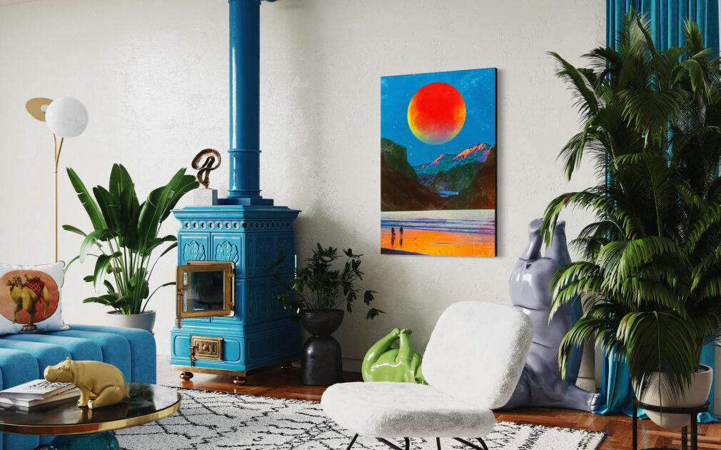 Large contemporary wall art in red, blue, and orange hangs next to blue pellet stove in cozy boho living room.