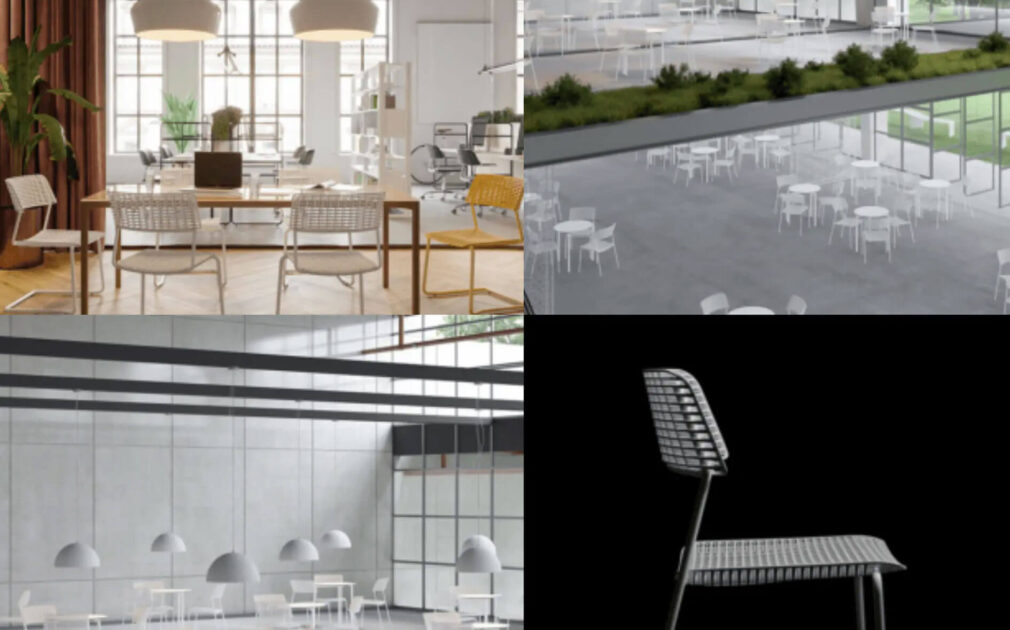 Gallery of 4 images showing individual dining chairs and then staged dining rooms featuring the chairs in neutral and white themed spaces.