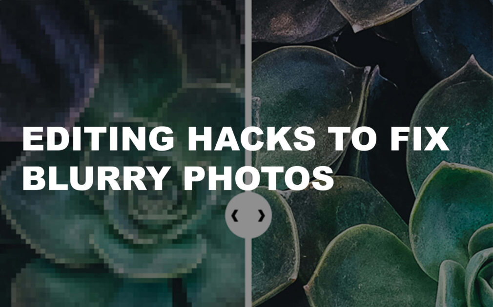 Split screen left half showing blurry close up photo of succulents as "before" and right half showing clear close up photo of succlents as "after" demonstrating the power of AI editing. Text over reads "Editing Hacks to Fix Blurry Photos."