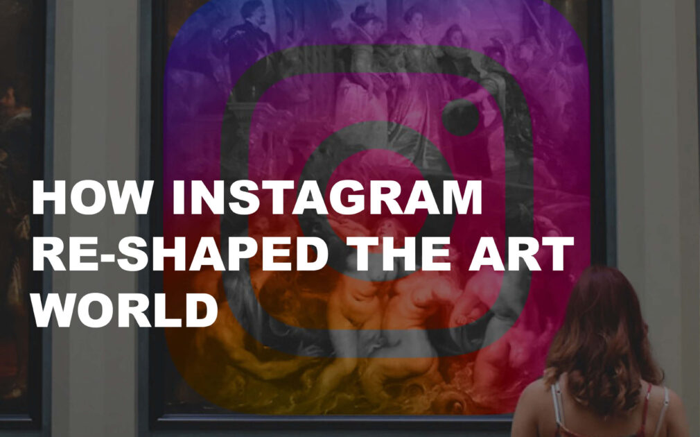 Girl stands in front of three large paintings hanging side by side in a museum. The middle painting is covered with an Instagram logo.