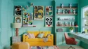 aqua modern maximalist office with yellow couch