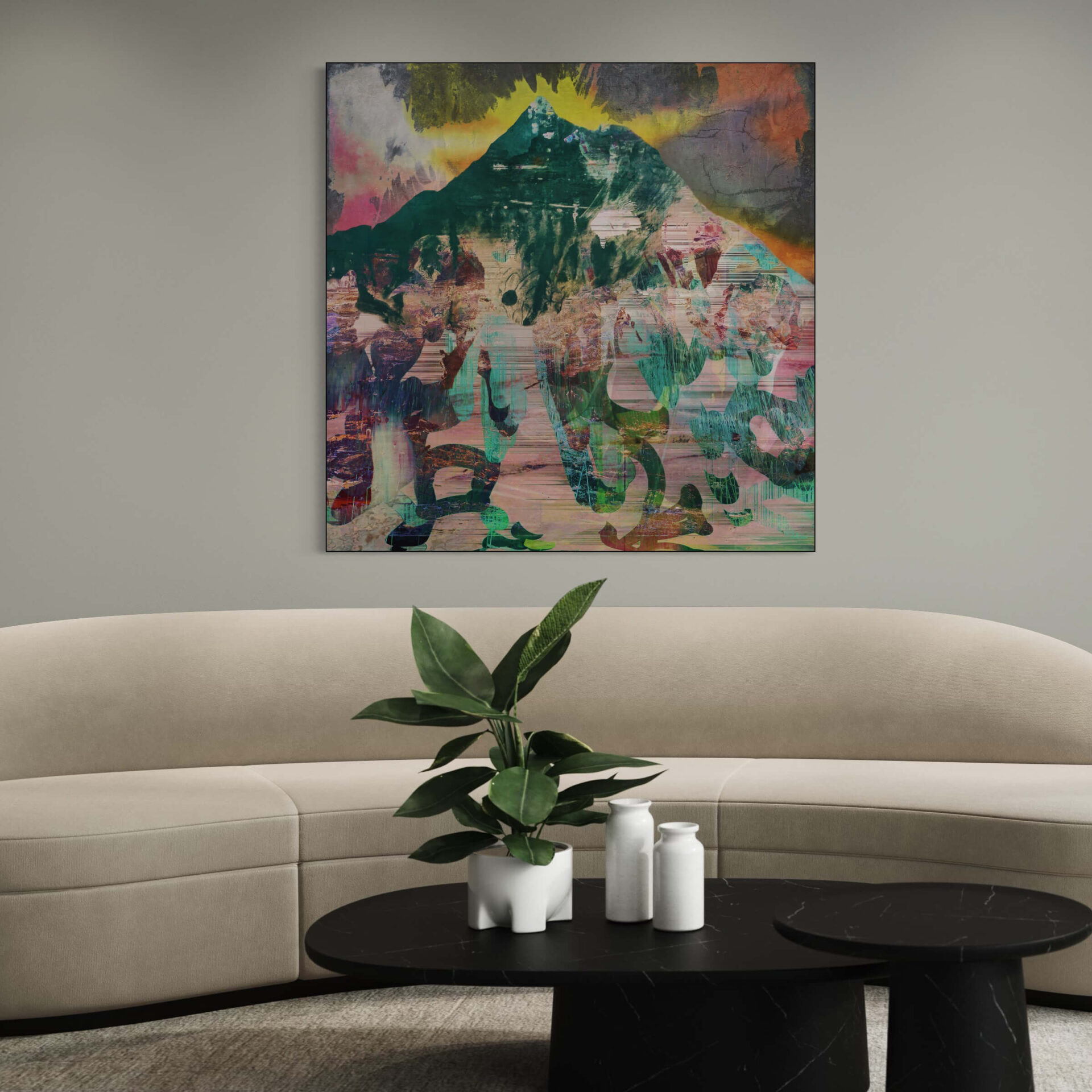 Extra large square abstract artwork in green and gray with pops of yellow and orange hangs above tan sofa in neutral living room