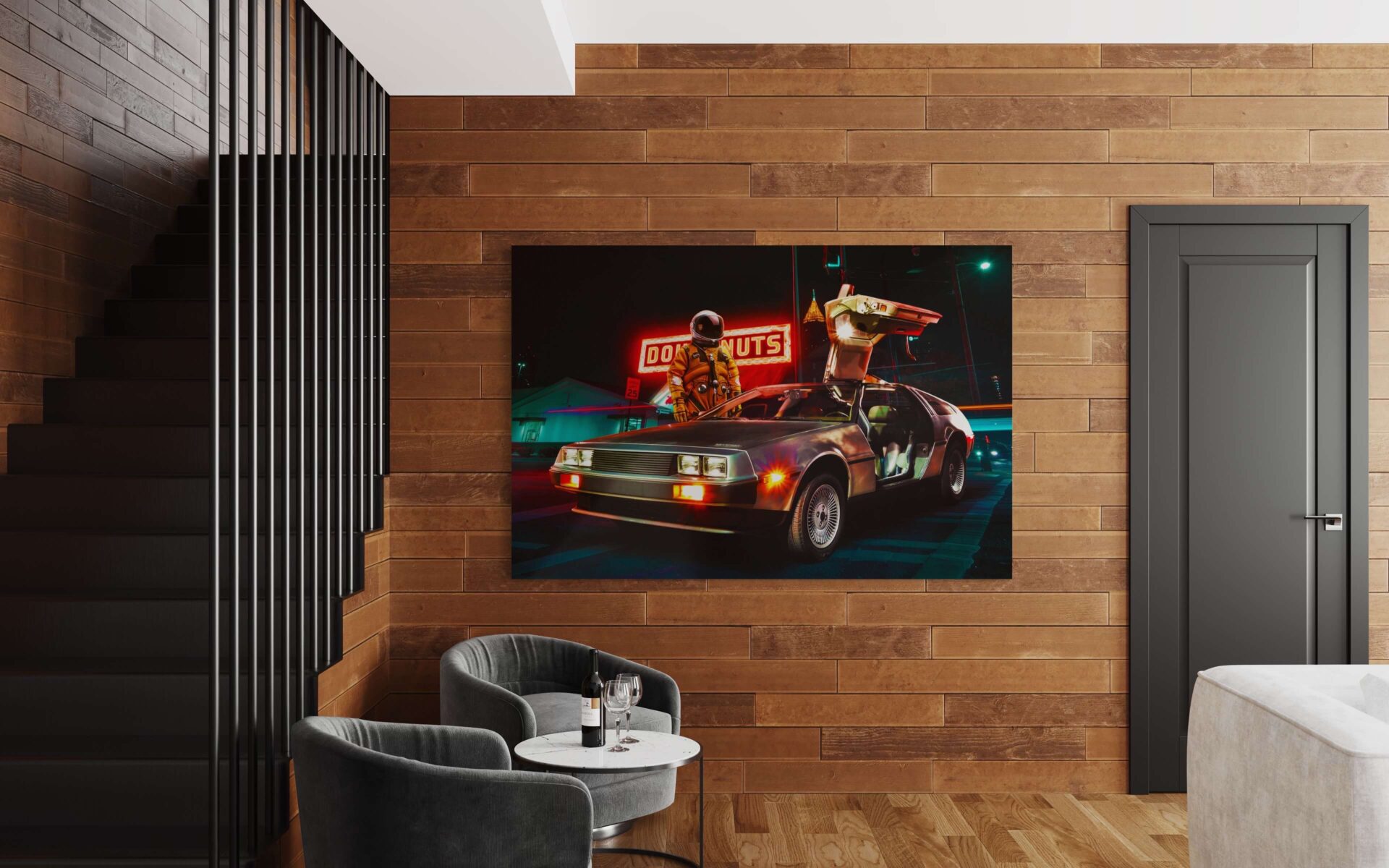 Oversized horizontal surreal wall art featuring an astronaut standing behind retro car hangs on wood paneled wall