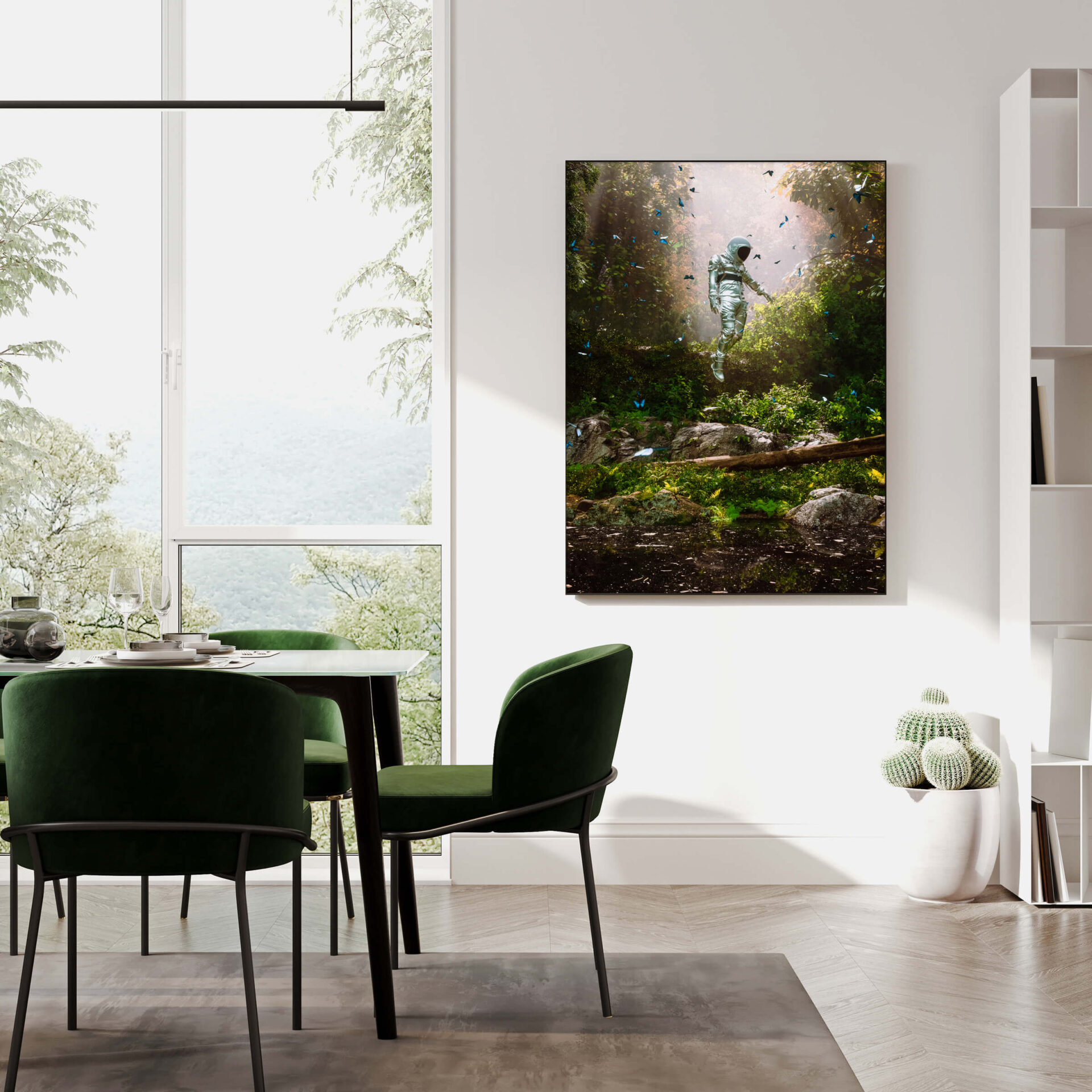 Oversized astronaut in forest art hangs in modern white kitchen