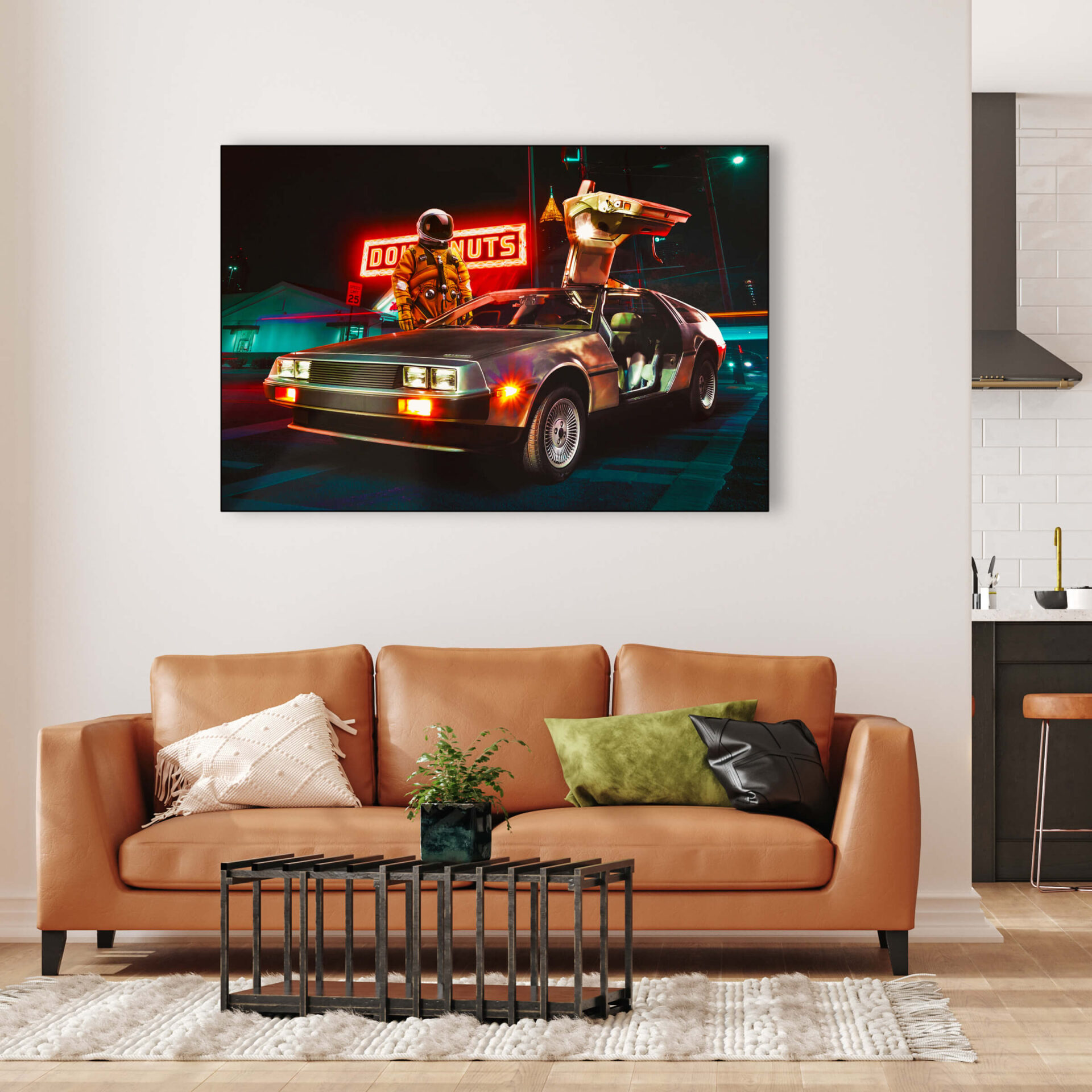 Massive retro astronaut artwork of astronaut with old car hangs on living room wall