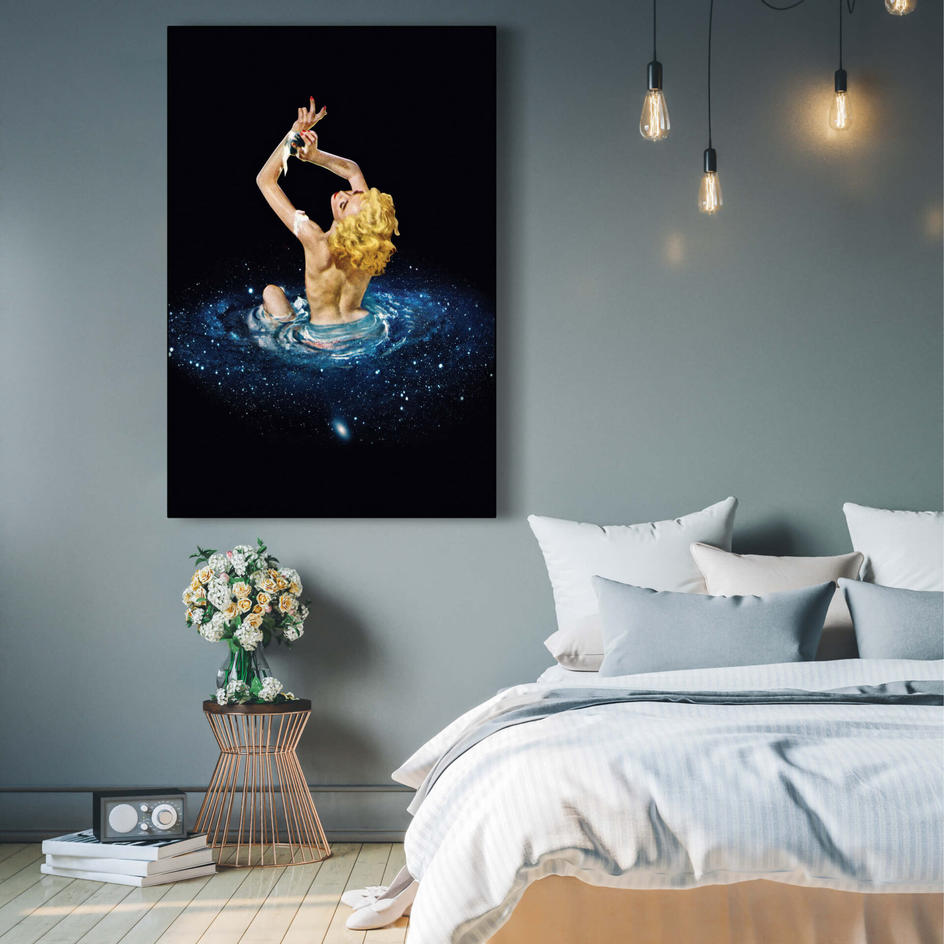 Extra large bedroom wall décor of woman bathing in tub of galaxy and stars hangs on blue wall in bedroom