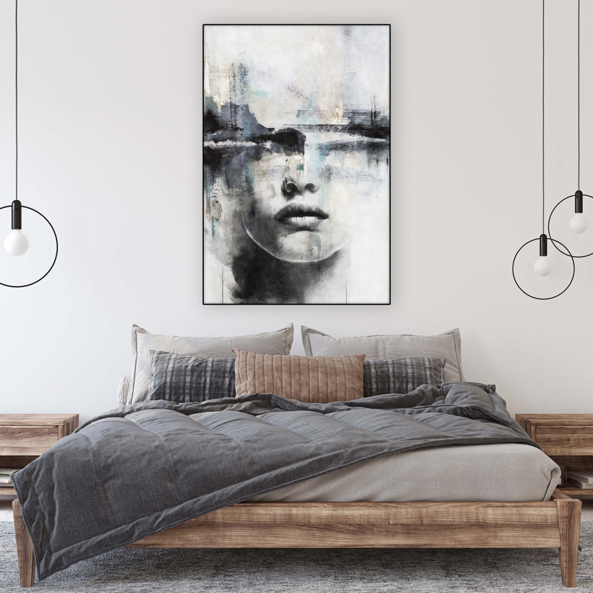 Oversized vertical abstract wall art with lips hangs above bed
