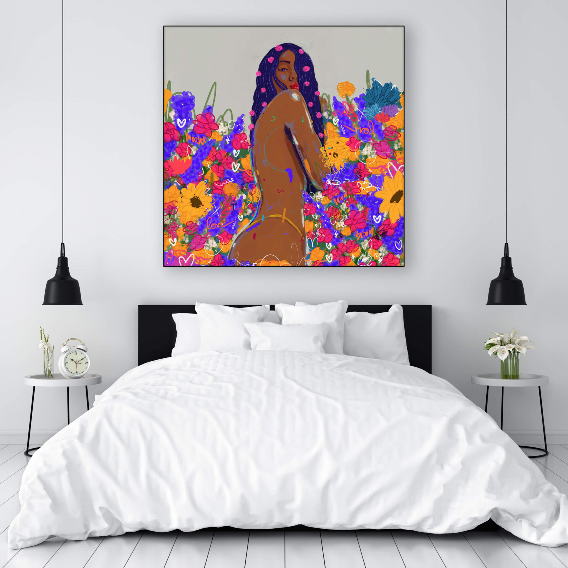 Extra large colorful pop art of nude Black woman hangs above white bed