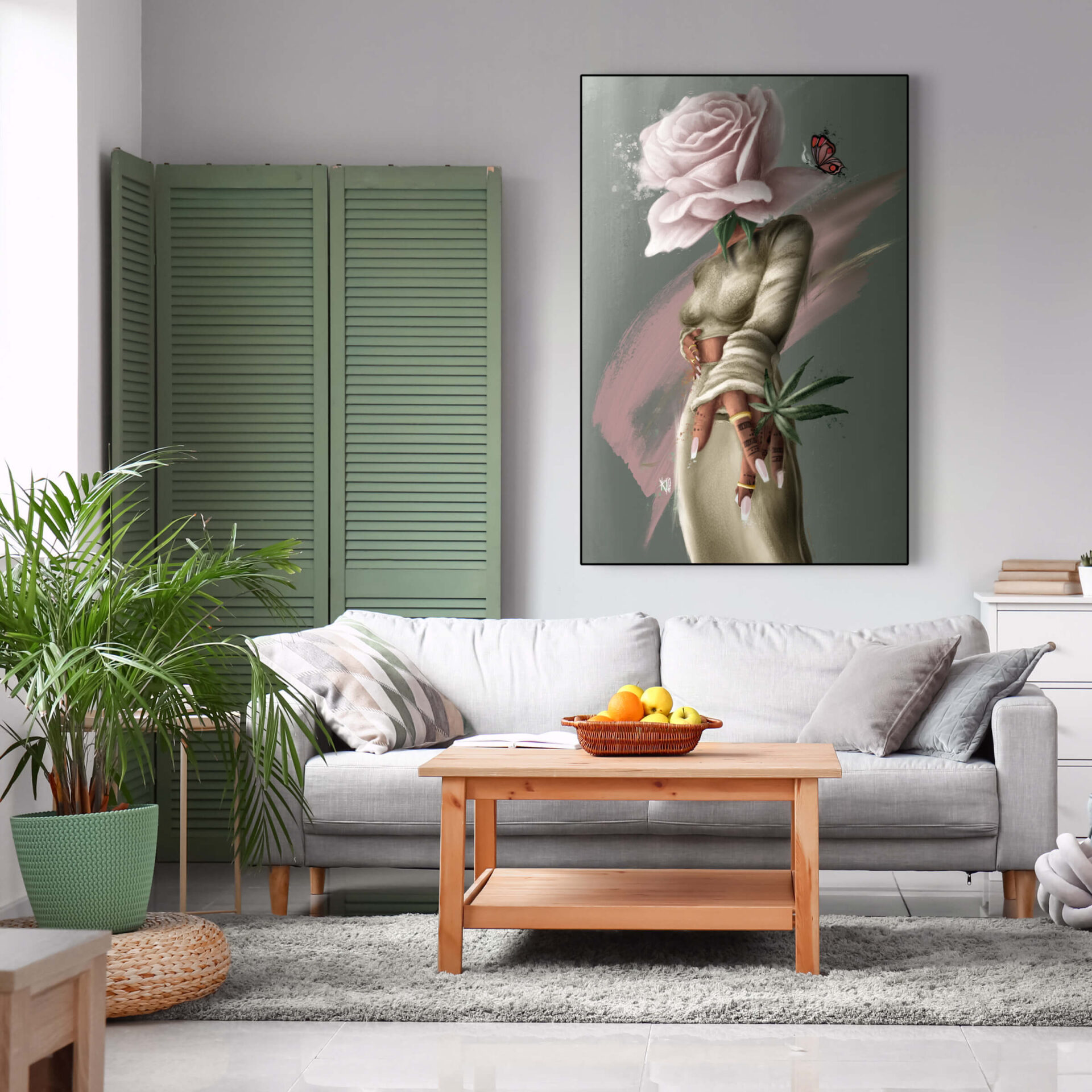 Oversized horizontal painting of black woman smoking with green background hangs above couch in living room