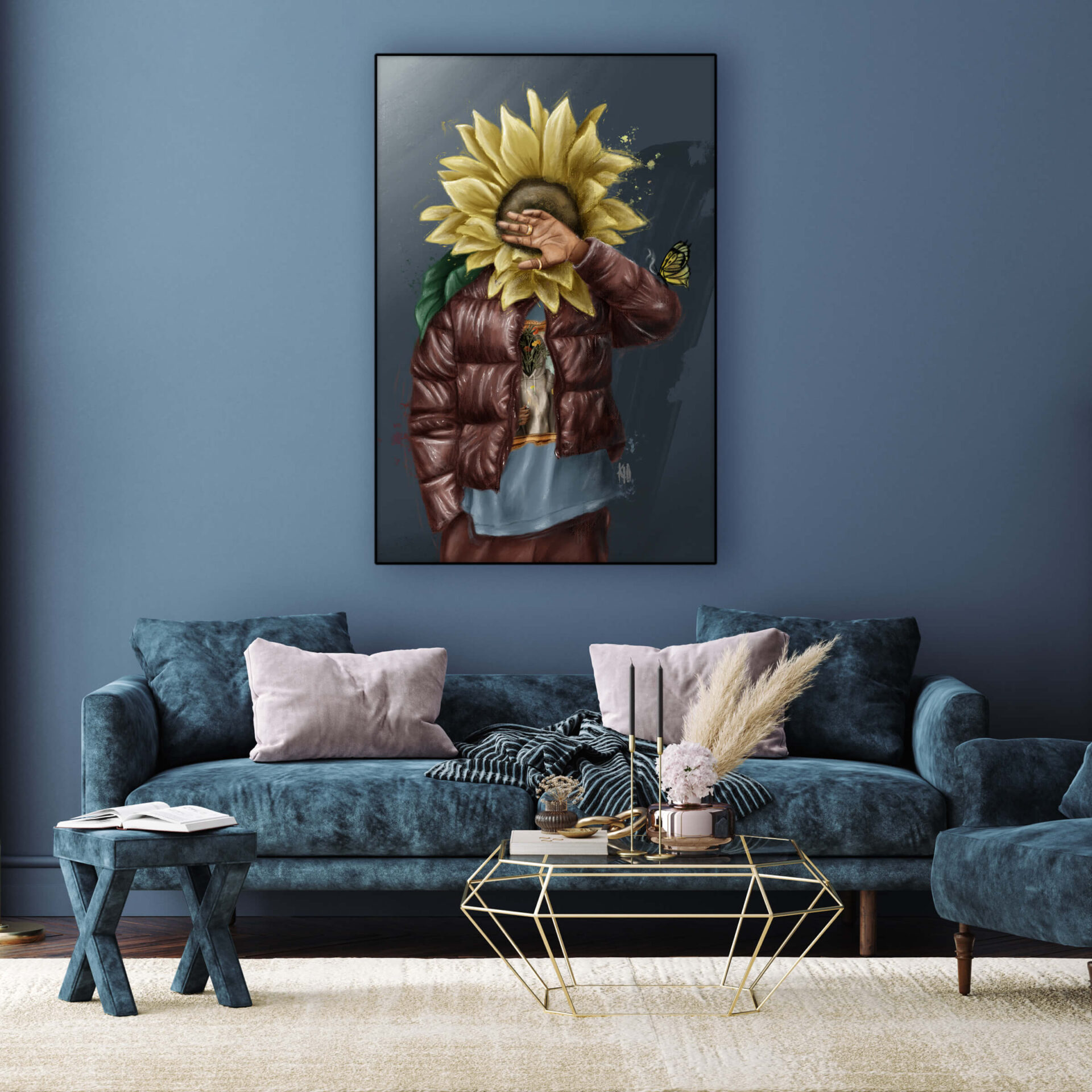 Massive blue painting of person with sunflower for head hangs in blue living room