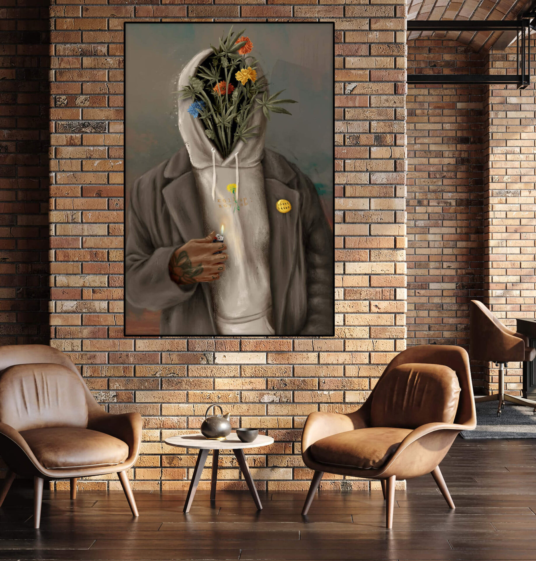 Oversized painting of Black man in gray hoodie and green blazer with wildflowers instead of a face hangs on brick wall in modern apartment living room
