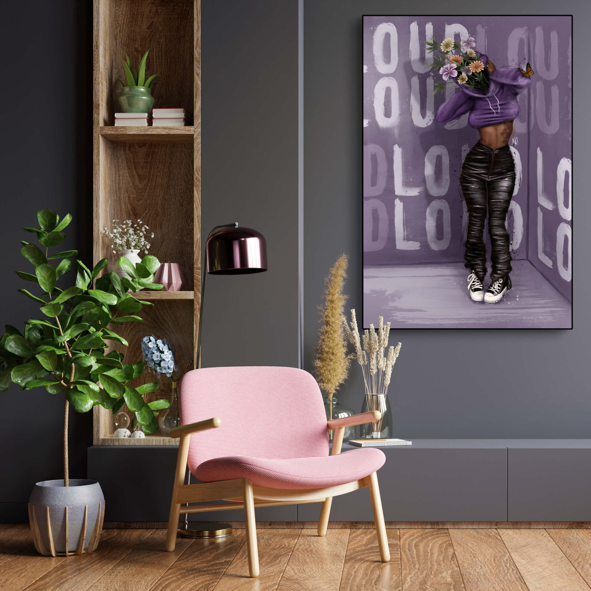 Oversized wall art of black woman with purple background hangs in living room