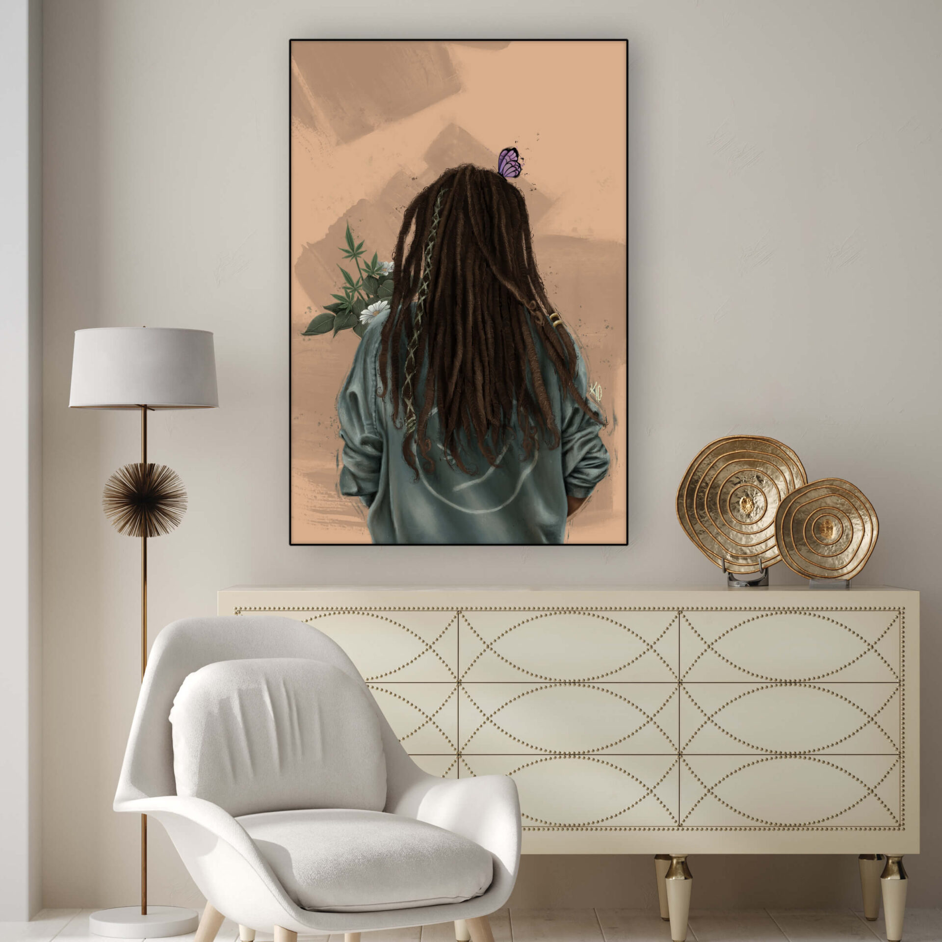 Huge painting of Black hair and dreadlocks hangs in neutral living room
