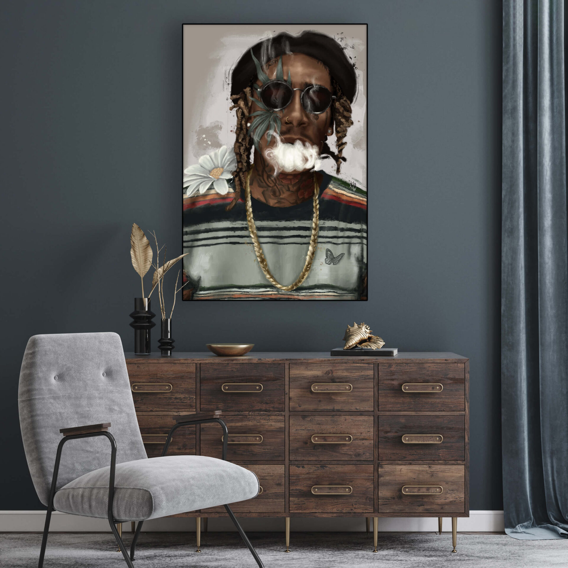 Extra large horizontal painting of Wiz Kalifa blowing out a cloud of smoke hangs above sideboard on blue wall in living room.