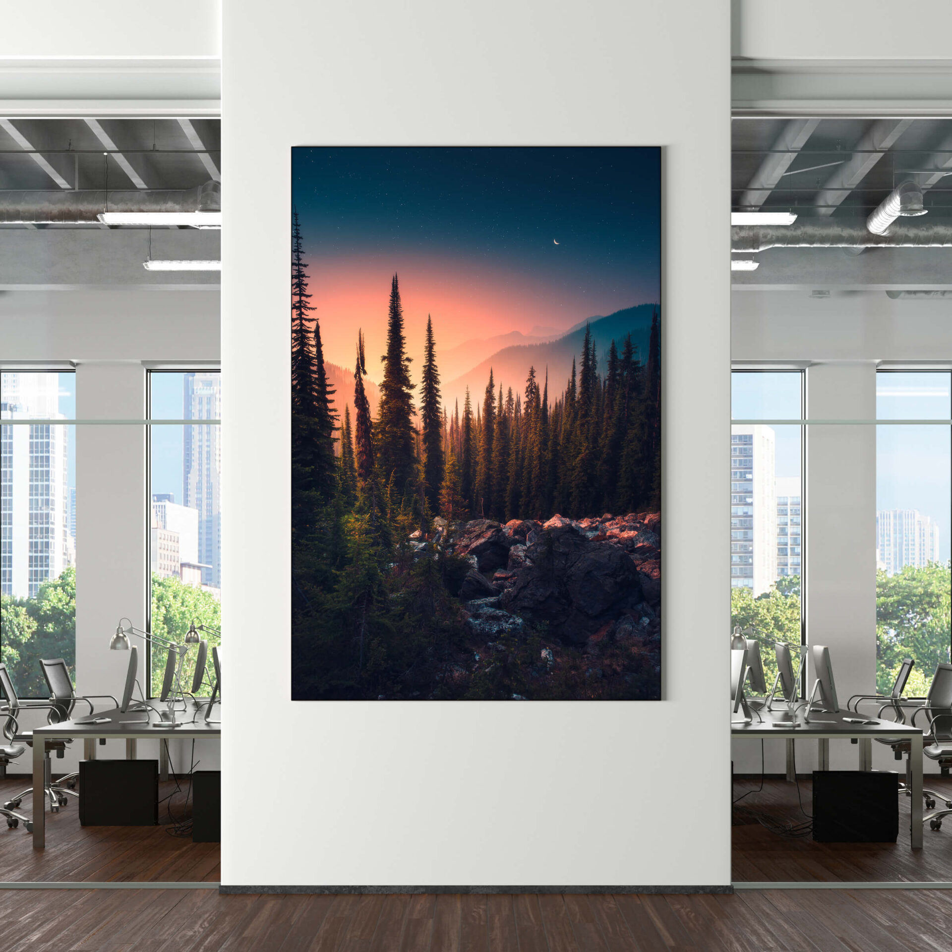 Huge Nature photo of evergreen mountain at sunset hangs in modern office space.