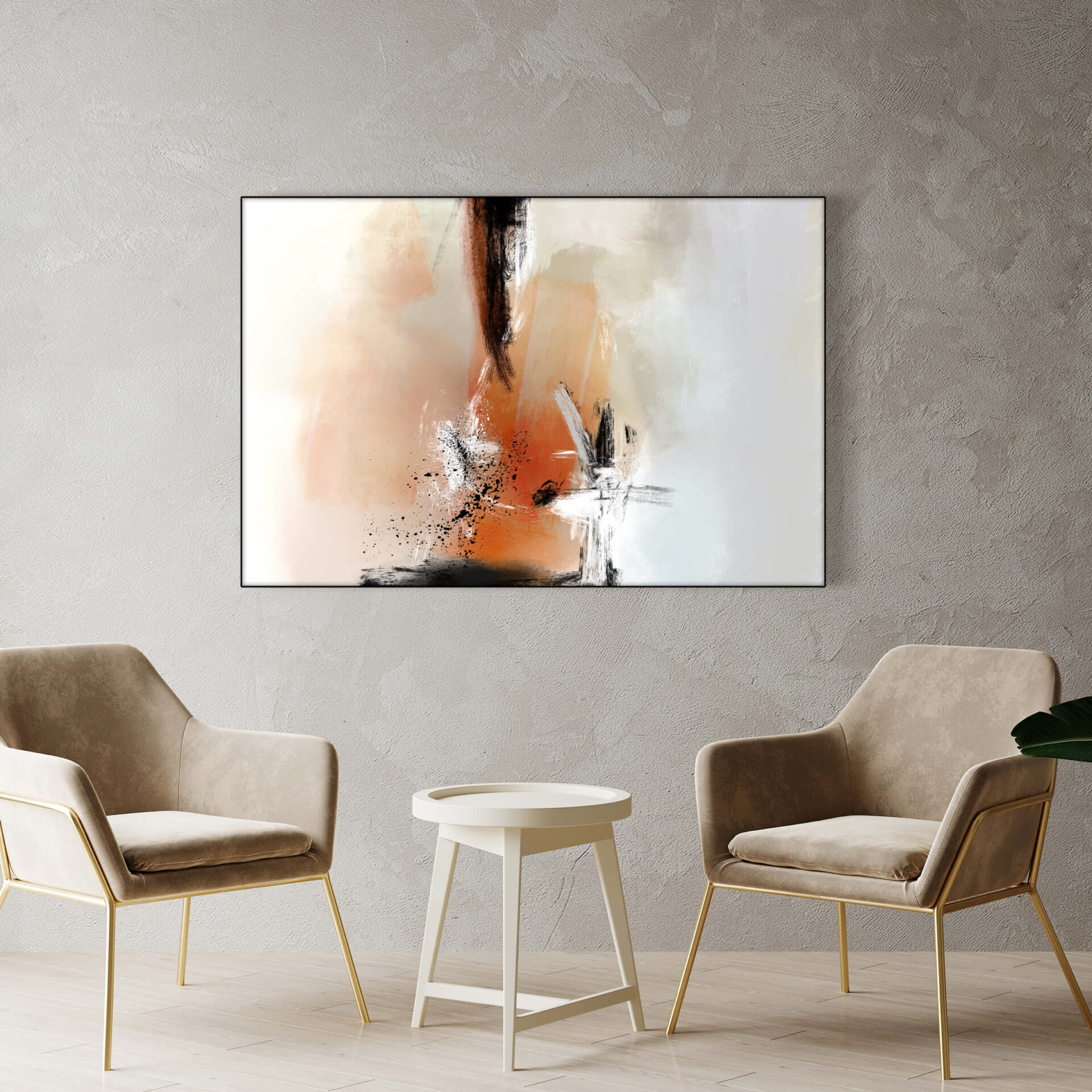 Large horizontal abstract wall art in tans and oranges hangs above set of chairs in living room.