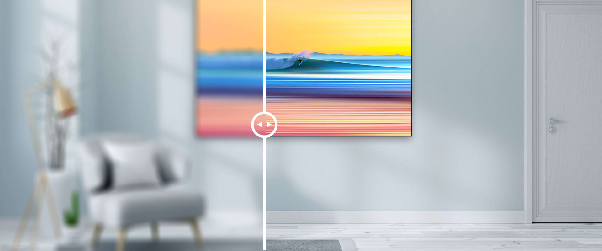 Large contemporary surf art Late Rock by Thomas Fotomas hangs in a modern pale blue sitting area