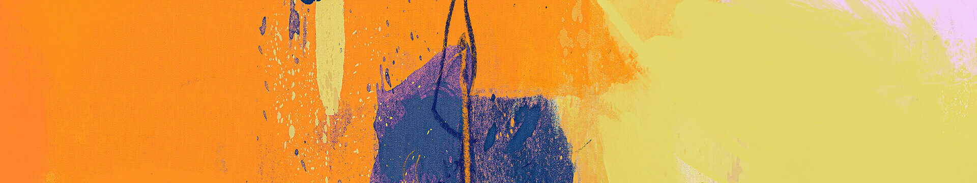 Close up view of yellow blue and orange abstract art. The left half is orange. The right half is yellow. The colors meet in the middle with a patch of dark blue.