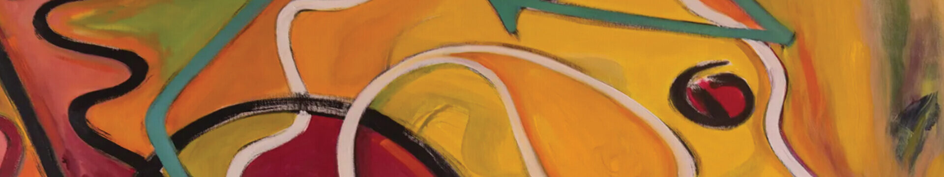 Colorful abstract art in warm colors, mainly orange and yellow features large, looping line drawings.