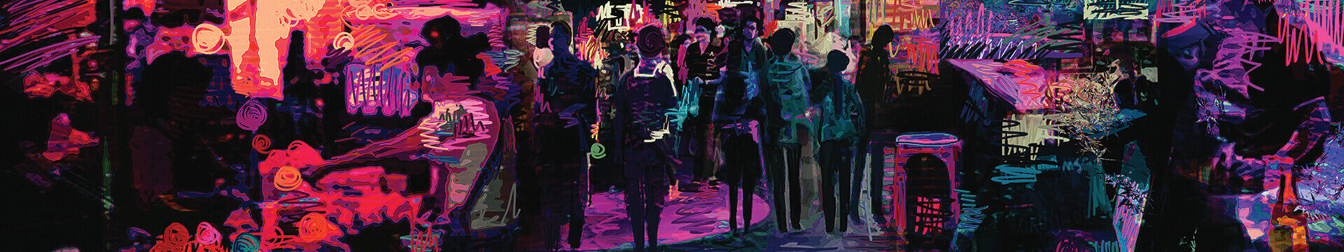 Black, purple, and red abstract wall art painting show crowded city marketplace at night.
