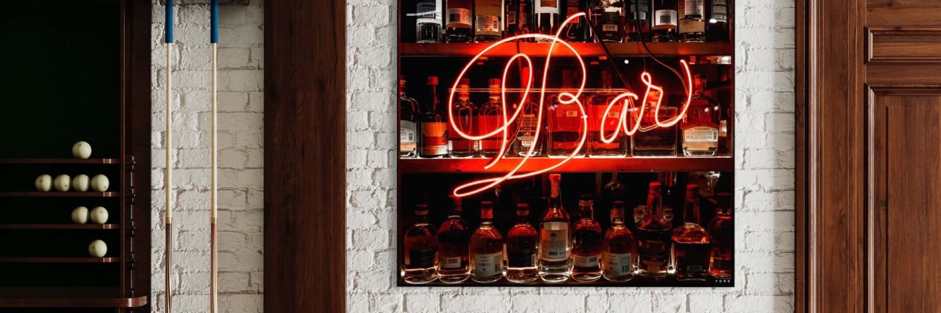 Bar Themed Man Cave Decor with Large Neon "Bar" Sign Photograph Featured