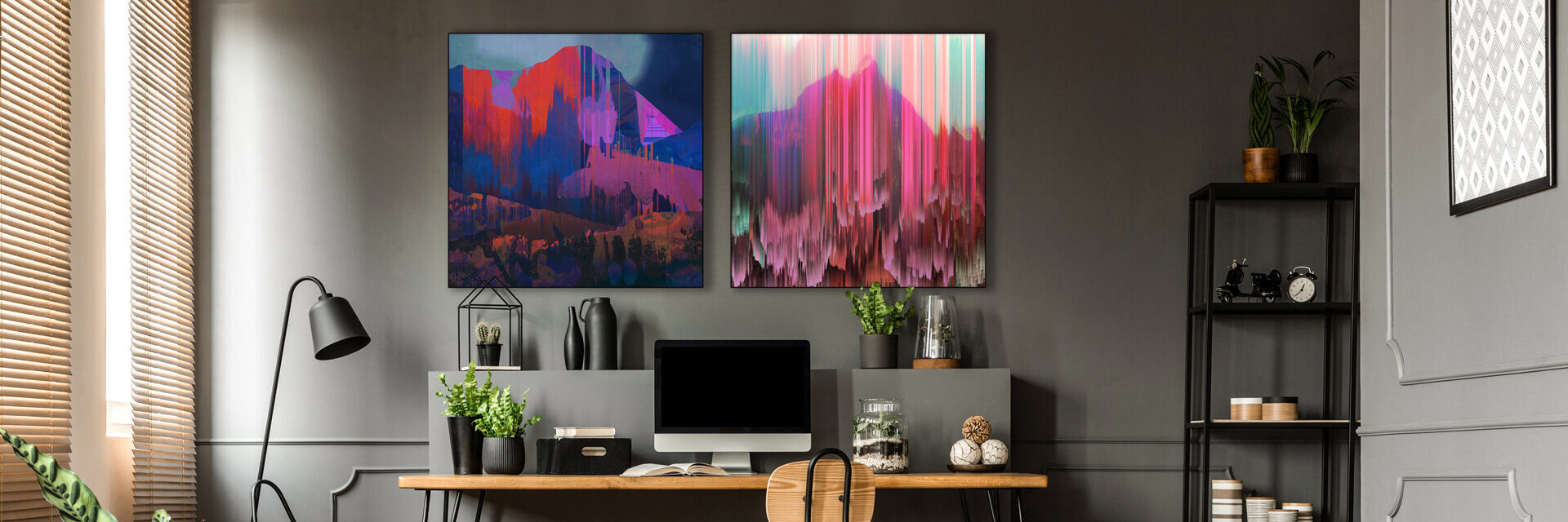 Colorful red and blue abstract wall art of mountains for your gray office