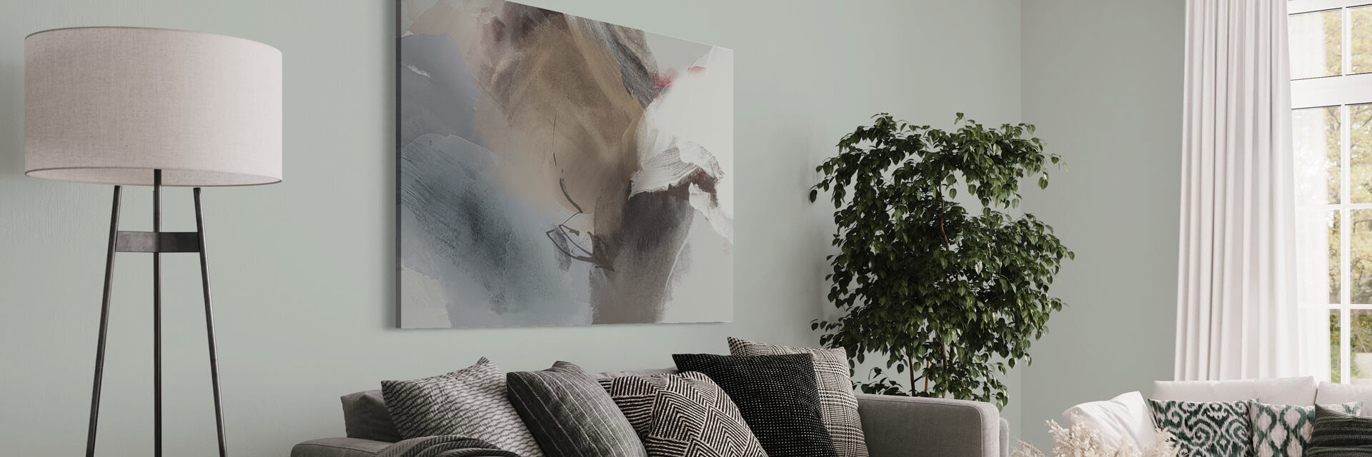 Blue, Gray, and White Large Abstract Art completes the sophisticated gray living room's aesthetic.