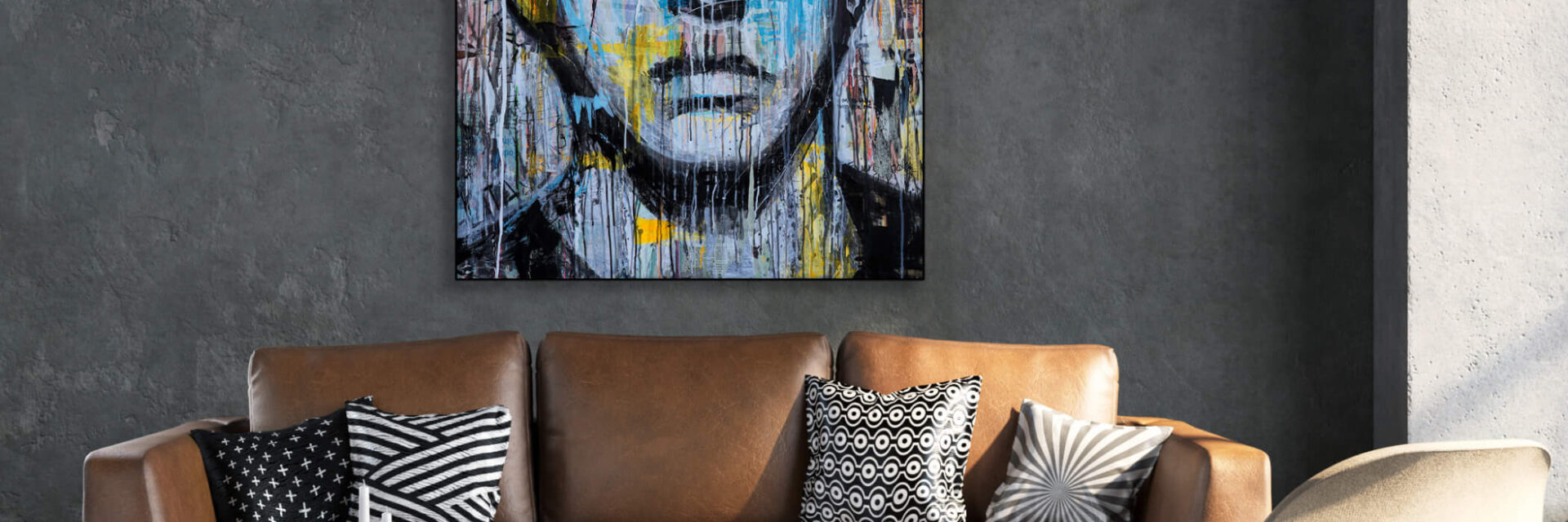 Oversized colorful pop art of Rapper Eminem hangs on cement wall in living room