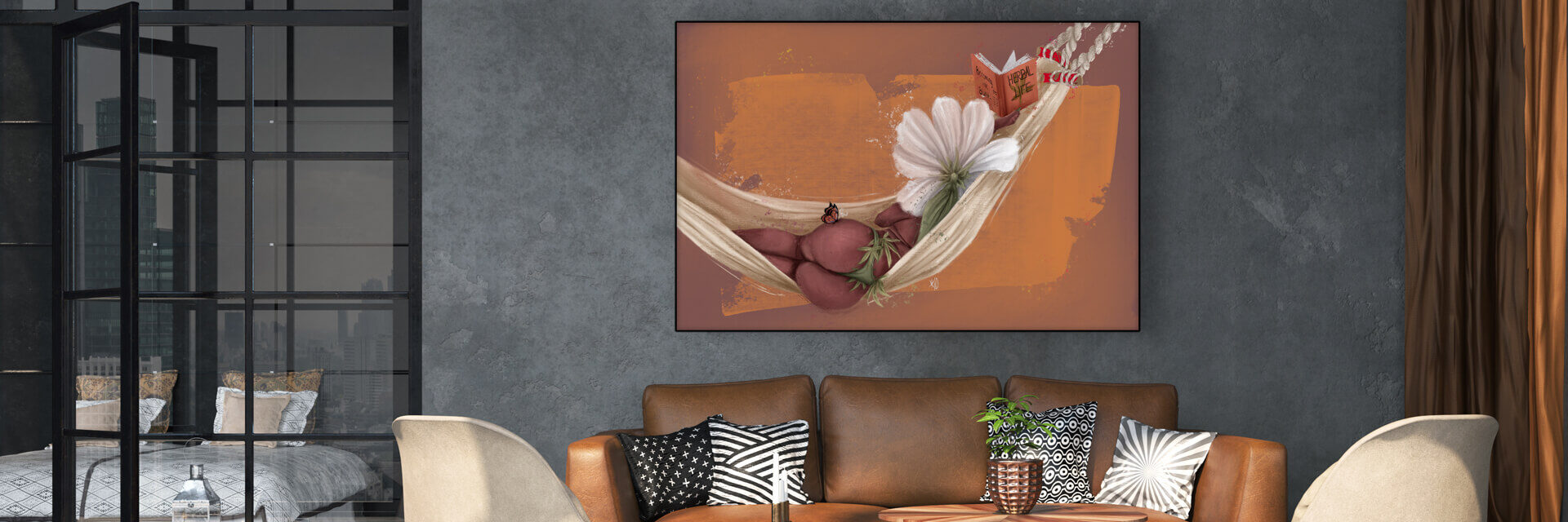 Massive painting of black woman with large round butt showing as she rests in white hammock hangs on wall in living room