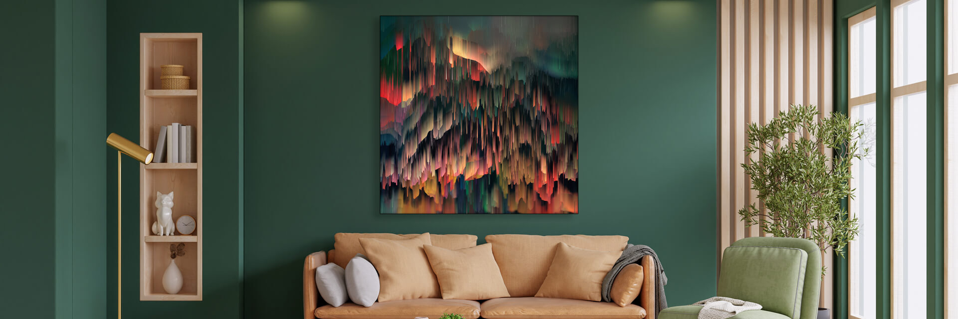 Oversized colorful digital abstract painting of colors dripping down hangs on dark green wall in living room.