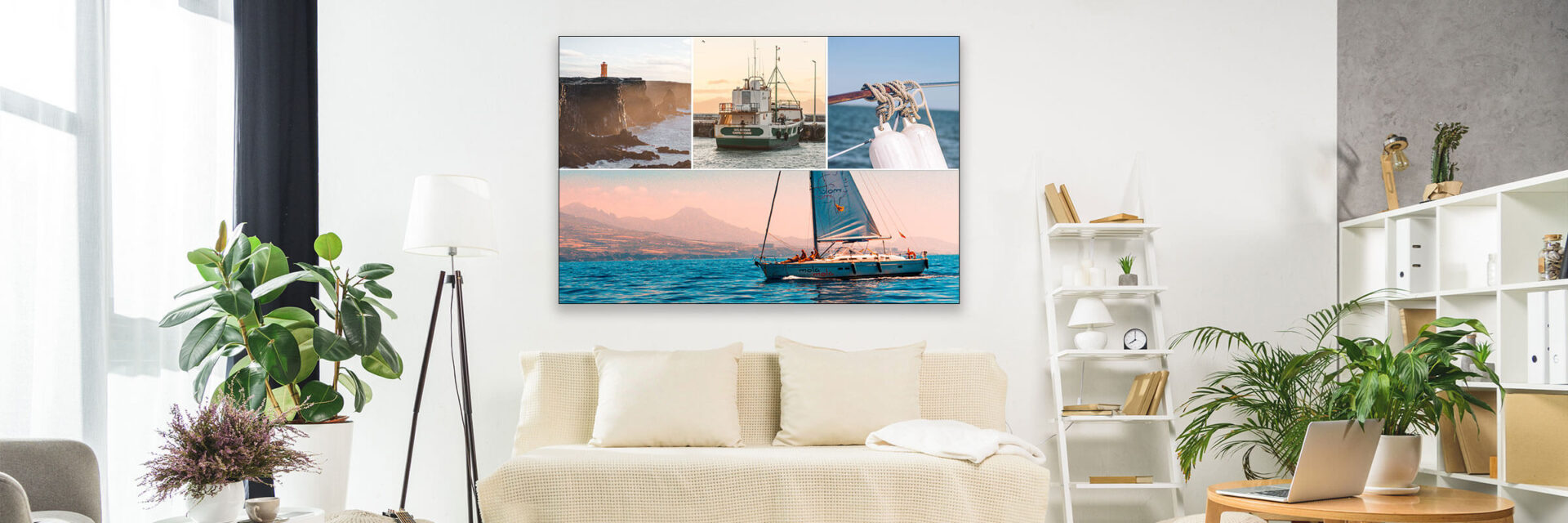 Large photo collage hangs above couch in beach aesthetic living room