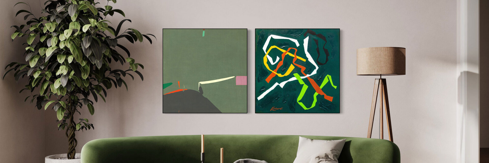 Two pieces of green abstract art hang side by side above couch in living room.