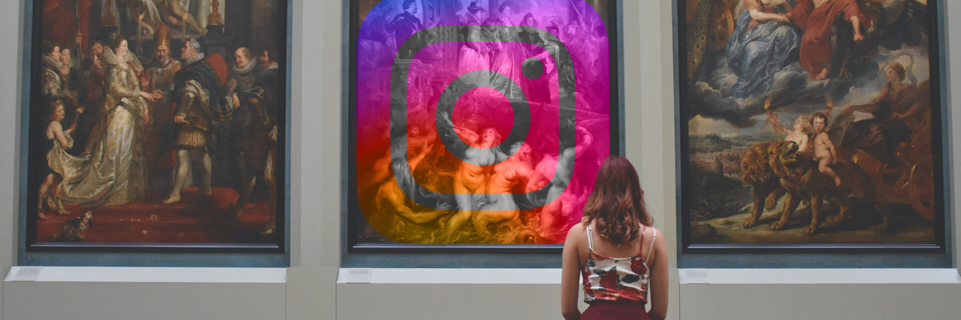 Girl stands in front of three large paintings hanging side by side in a museum. The middle painting is covered with an Instagram logo.