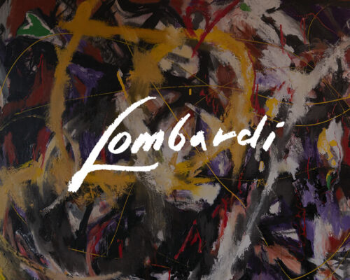 Painted abstract wall art in black, yellow, white, and red with Bob Lombardi signature in white