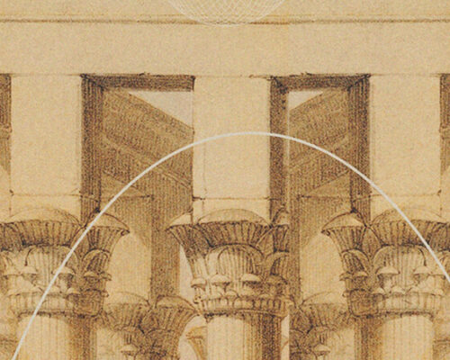 Sepia and red hipstoric wall decor shows close up of Greek Parthenon pillars.