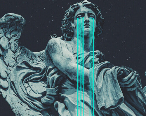 Close up view of hipstoric artwork featuring Greek statue on black background with blue stream of tears coming out of the angel's eyes.