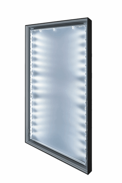 Black-framed Lightbox with LED illumination designed to display swappable SEG large wall art artwork for a modern and dynamic wall art experience.