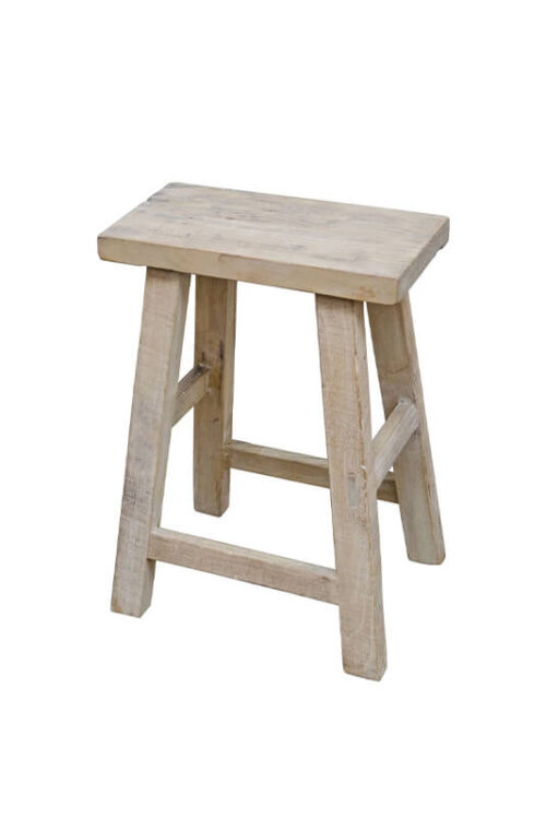 Stool made of reclaimed wood with visible grain and natural finish, shown on a white background.