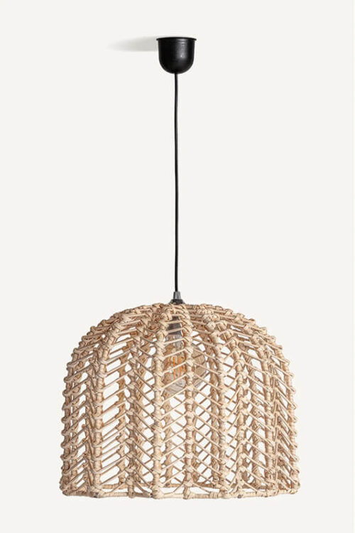 Coastal pendant light with black wire and woven wood-colored shade, shown on a white background.