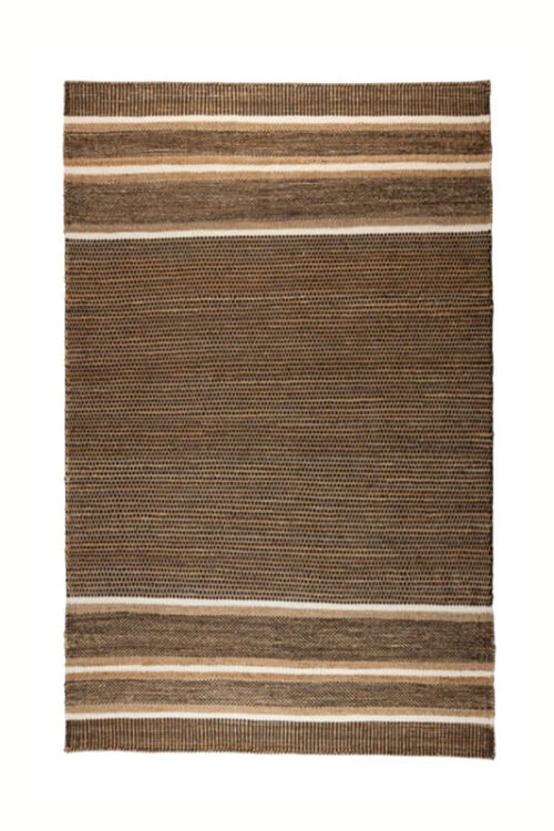 Dark brown woven coastal rug with white stripes at the top and bottom, shown on a white background.