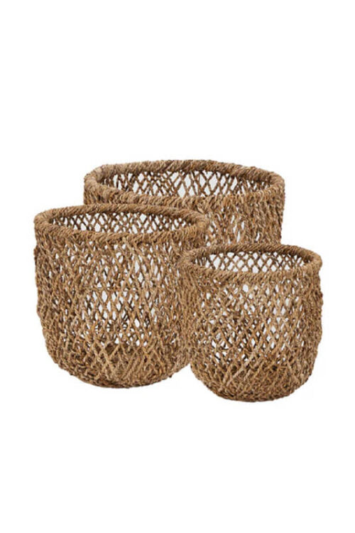 Set of coastal woven baskets with a fish net-style design in natural tones, shown on a white background.