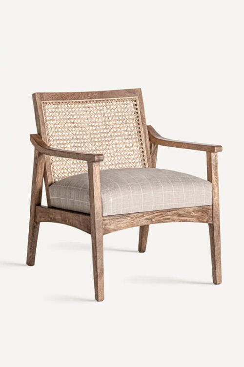 Coastal-style rattan chair in natural tan, displayed on a white background.