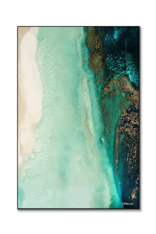 Coastal art print combining abstract painting and ocean photography in jade teal, shown on a white background.