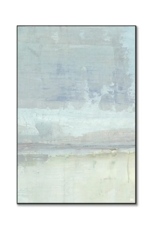 Simple abstract coastal art print with soft blue and teal brushstrokes, shown on a white background.