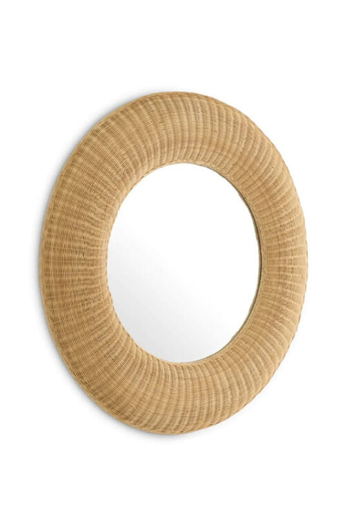 Round mirror with a woven rattan frame in tan, shown on a white background.