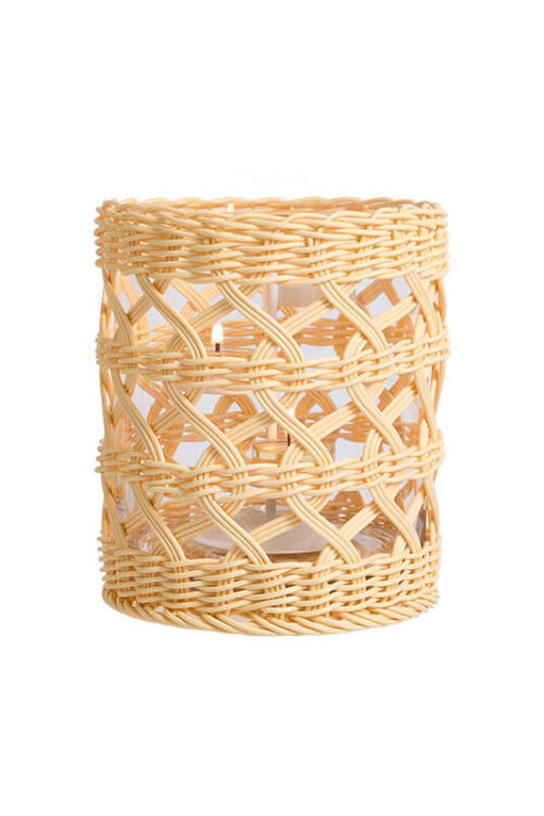 Tan woven rattan-style candle holder shown on a white background.