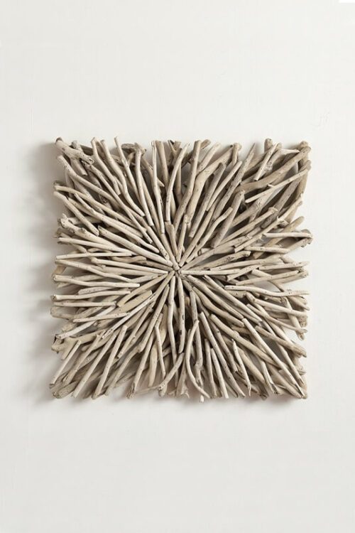 Framed natural wood wall art with warm tones, styled in a neutral modern coastal interior.