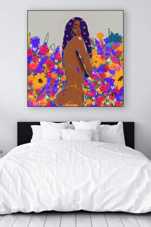 Extra large colorful pop art of nude Black woman hangs above white bed